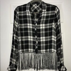 Fringed Cropped Woman’s Blouse Black White Plaid Button Up Top Size XSMALL